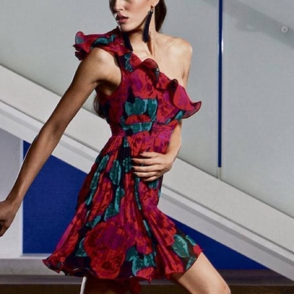 Arden B Y2K Red Floral One Shoulder Pleated Skirt Fit‎ and Flare Dress